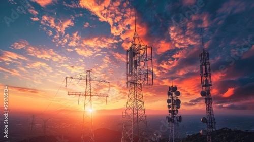 Cell Tower Silhouetted by Setting Sun