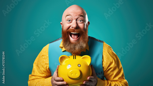 Smiling middle age man holding a piggybank