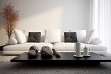 Minimalist Living Room with Serene Rock Garden: White Sofa & Black Coffee Table Harmony