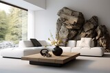 Serene Rock Garden Minimalist Living Room: White Sofa & Black Coffee Table Harmony