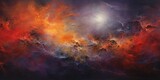Richly colored and textured abstract artwork displaying a nebulous cosmic landscape filled with wonder