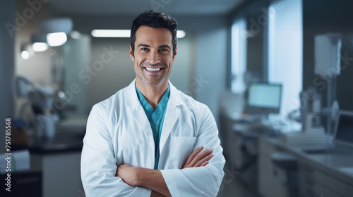 Portrait of a smiling doctor wearing glasses and a lab coat