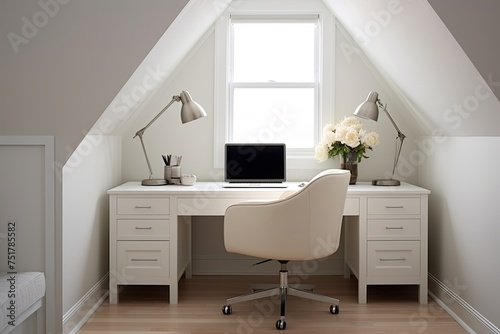 Minimalist Office Space  Vinyl Seat Furnishings  Sleek White Desk  and Leather Armchair Elegance