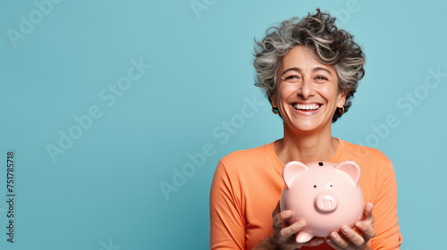 Man smiling broadly, and holding a piggybank, signifying responsible financial planning and savings.