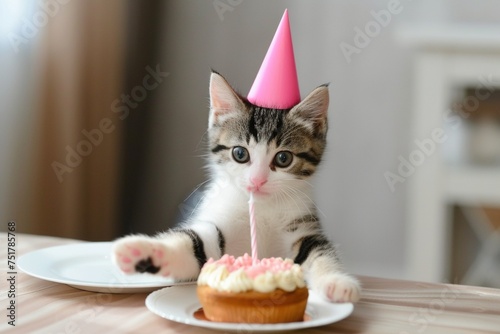 Eine süße Katze mit Partyhut vor einem Geburtstagskuchen  photo