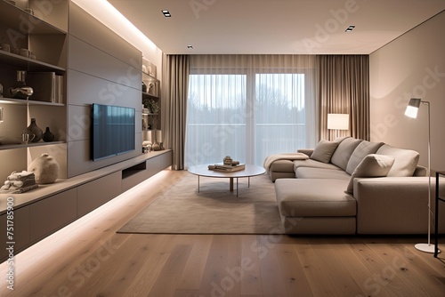 Neutral Palette Modern Apartment: Laminate Flooring and Soft Lighting Tranquility © Michael
