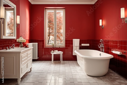 Modern Retro Red and White Bathroom  Chic Tiles and Sleek Fixtures