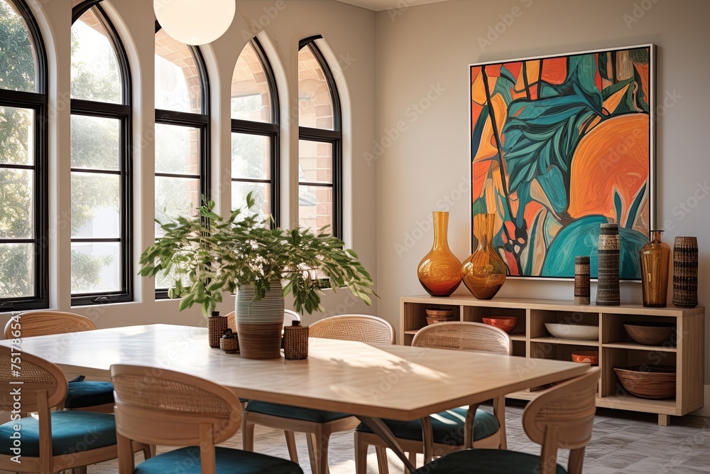 Fototapeta premium Modern Mediterranean Dining Room: Arched Windows & Art Deco Elegance