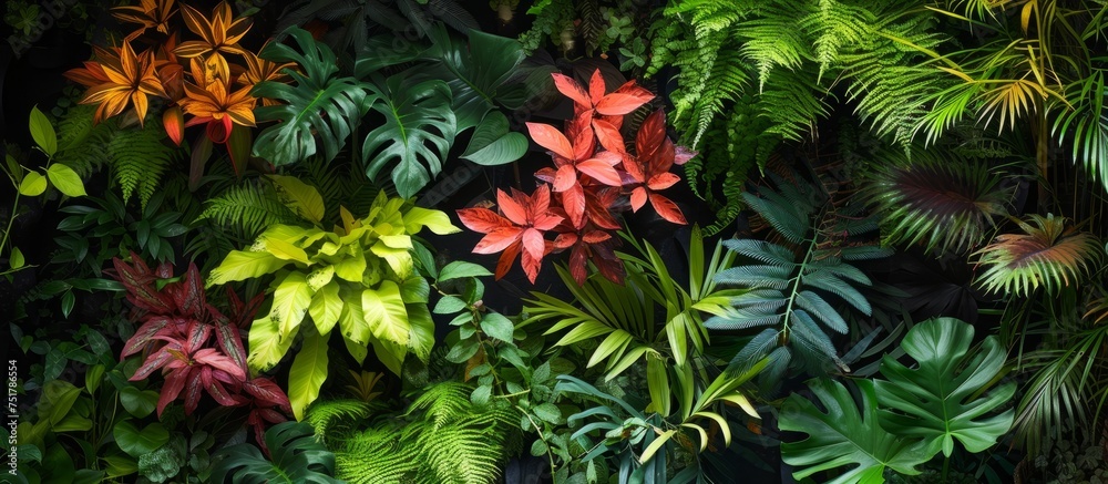 Lush green tropical plants covering a textured wall in a botanical garden setting