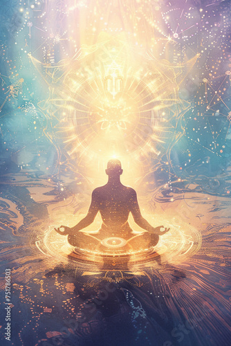 Serene Meditation Pose with Cosmic Energy Illustration © swissa