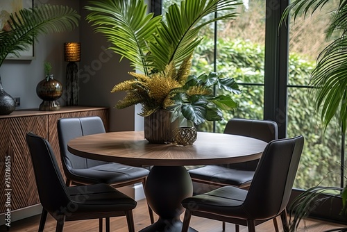 Modern Tropical Dining Room Delight: Leafy Centrepiece on Round Table © Michael