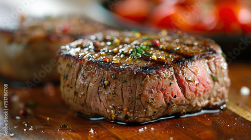 Juicy Grilled Steak Seasoned with Herbs on Wooden Table photo