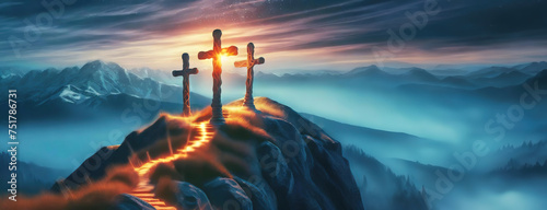Three crosses stand against a dramatic sky atop a mountain. Crucifixion of Jesus Christ. Religious symbol of faith and redemption. Panorama with copy space. photo