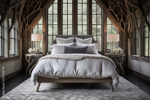 Modern Farmhouse Bliss: Luxurious Velvet Bedding with Tree Stump Nightstands and Ornate Ironwork Decor photo