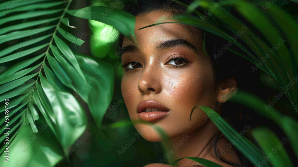 young woman with a natural makeup look, partially obscured by lush green leaves young woman with a natural makeup look, partially obscured by lush green leaves