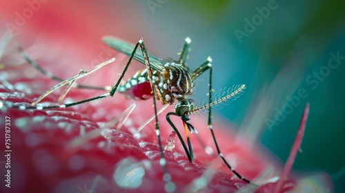 Closeup Picture of a mosquito sucking blood from an arm. Isolated, space for copy