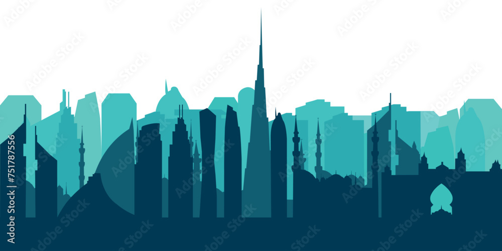 Dubai UAE 2024 skyline silhouette. Turquoise Dubai city design isolated on white background, vector sights - obrazy, fototapety, plakaty 