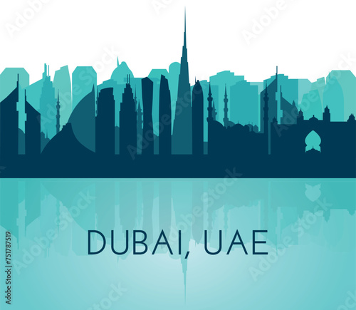 Dubai UAE 2024 skyline silhouette. Turquoise Dubai city design isolated on white background with reflection in water, vector sights