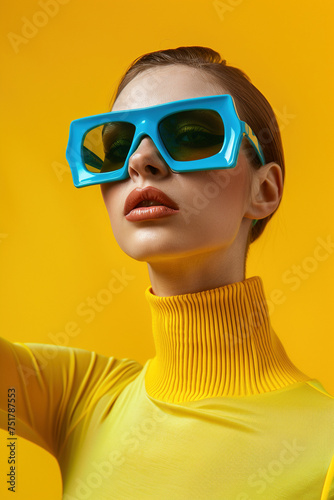 Stylish Woman in Blue and Yellow on Yellow Background