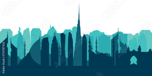 Dubai UAE 2024 skyline silhouette. Turquoise Dubai city design isolated on white background, vector sights
