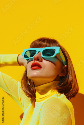Stylish Woman in Blue Shades Against Yellow Background