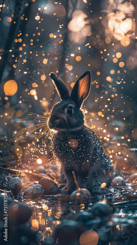 Enchanted Easter Bunny with Glowing Lights and Eggs