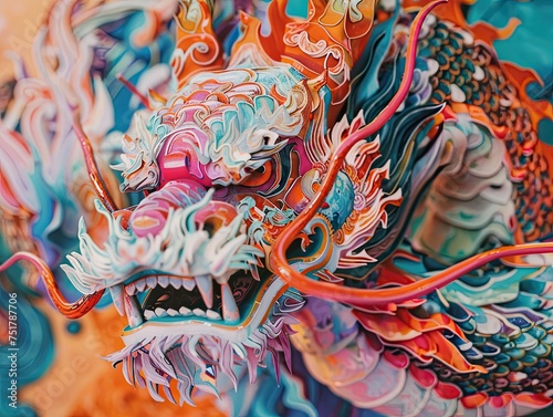 A vibrant and intricate paper dragon artwork