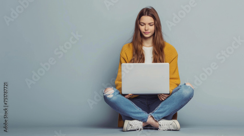 A young woman in a yellow sweater and jeans sits on the floor with her legs crossed, engrossed in her laptop.