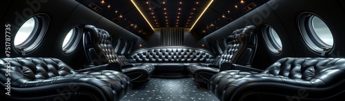 the inside of a limousine with a lot of seats and a couch . High quality photo
