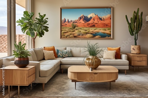 Desert Plant Oasis  Modern Living Space with Art Deco Touches and Chic Sofa