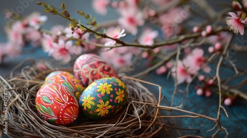 A charming display of painted Easter eggs nestled in the midst of fresh grass and blossoming flowers captures the essence of springtime joy.