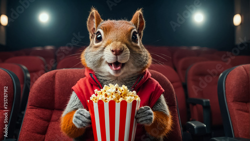 funny squirrel in the cinema with popcorn amusing