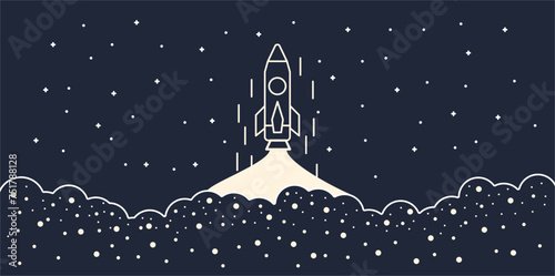 Rocket takes off vector line art. Illustration spaceship and graphic space shuttle. Outline futuristic cartoon startup astronaut and success future galaxy