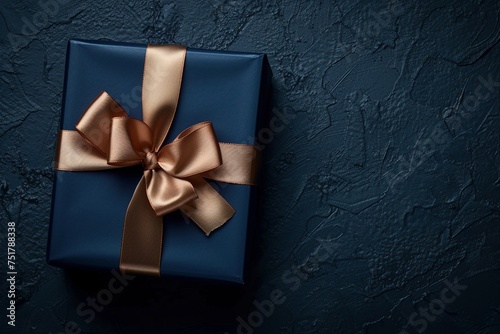 Ein edel verpacktes blaues Geschenk mit goldener Schleife auf dunkelblauem Hintergrund 