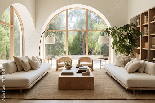 Modern Villa Oasis: Natural Fiber Rugs and Textiles Brighten Sunny Room with Arched Windows photo