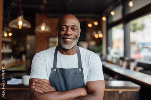Portrait of a middle aged African American Cafe Owner Smiling in Coffee Shop