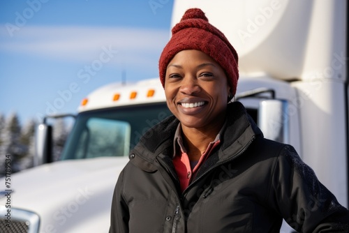 Portrait of a smiling female truck driver in front of truck during winter © Vorda Berge