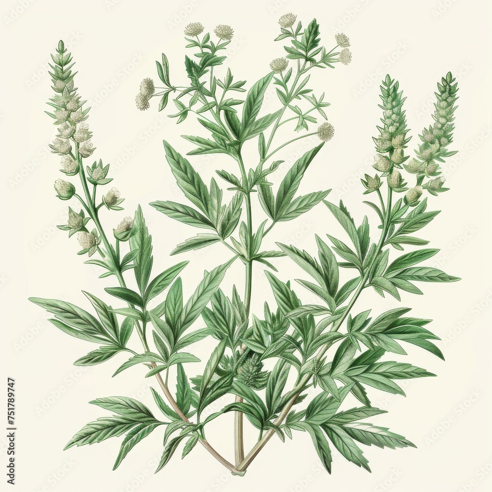 Artemisia Absinthium Botanical Illustration, Wormwood, Mugwort, Sagebrush Medicinal Plant