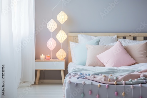 Nordic Bedroom Bliss: Colorful Lantern Lighting, Pastel Textiles, & Minimalist Decor