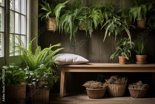 Nordic Entryway Oasis: Fern and Orchid Displays by Wooden Bench