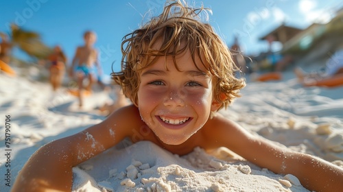 Splashing in the Waves: With squeals of delight, the family with kids runs into the surf, jumping over waves and splashing each other with seawater.  captures the joyous expressions on their faces as  photo