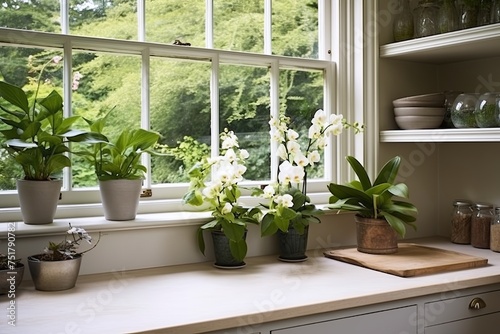 Nordic Kitchen Elegance: Lush Fern and Orchid Displays by White Cabinetry