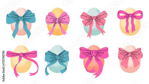 Easter egg tied with bows. Cute painted eggs with ribbons, traditional Easter treat flat vector illustration set. Spring holidays decorative eggs