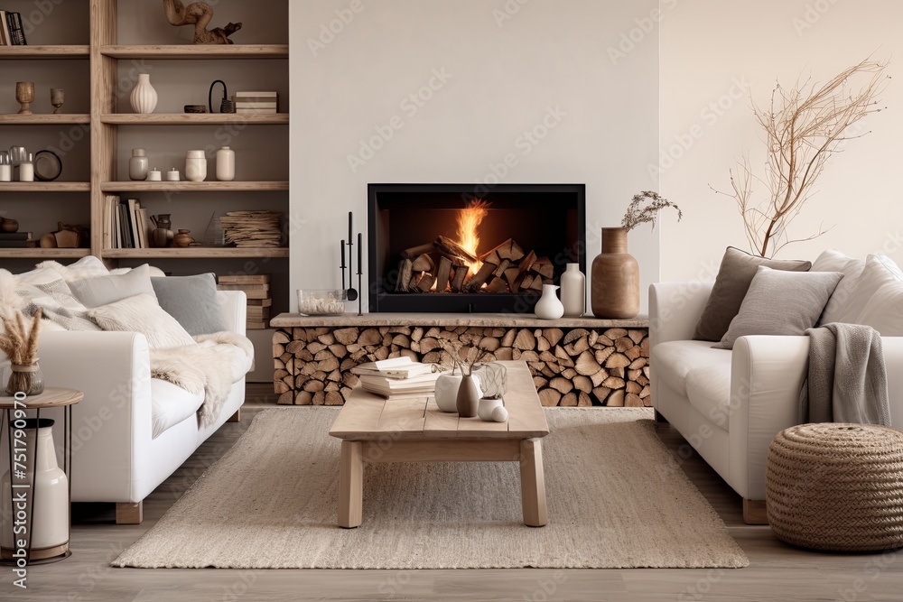 Fototapeta premium Nordic Living Room: Wooden and Clay Decor Items Enhance White Sofa and Fireplace Ambiance