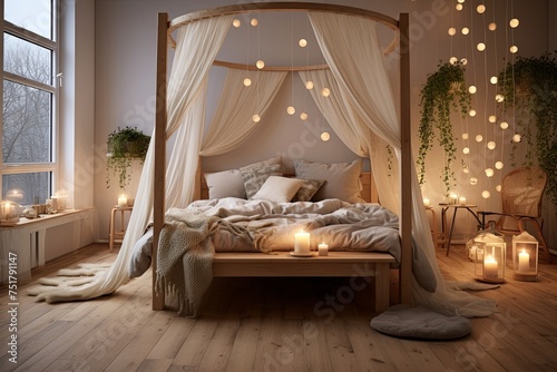 Nordic Style Bedroom: Dreamy Canopy Beds & Round Wooden Side Tables