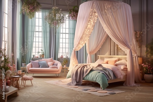 idyllic Nordic fairy-tale room with pastel canopy beds by the window
