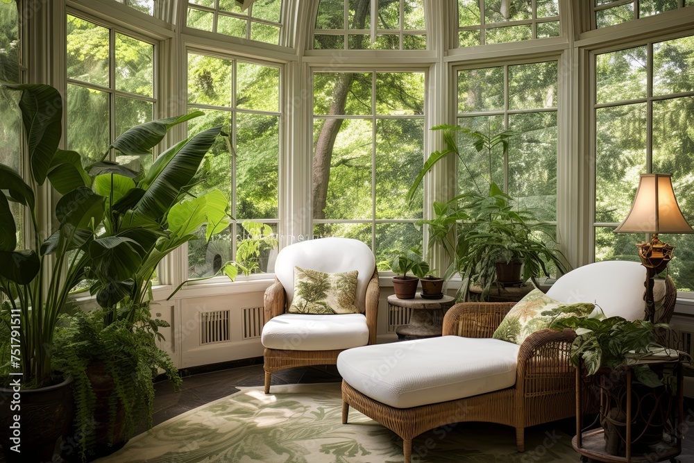 Fototapeta premium Nordic Villa's Enchanting Solarium: Floor-to-Ceiling Windows, Fern and Orchid Gardens