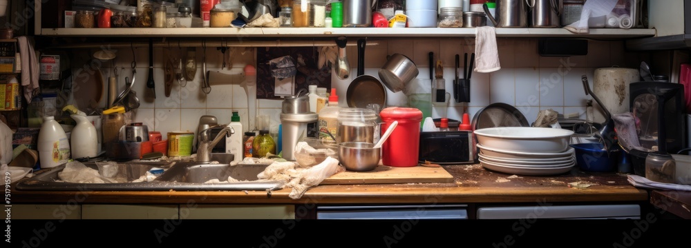 The cluttered kitchen, littered with dirty dishes, paints a candid and relatable picture of the aftermath of a busy family meal.