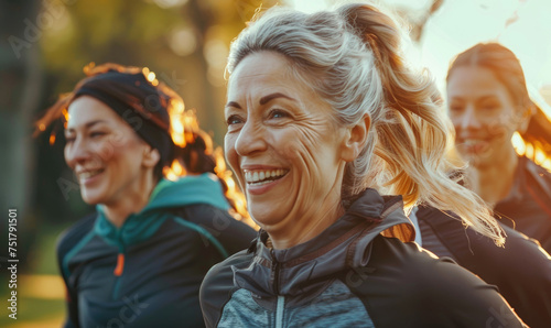 A group of smiling women is jogging in a city park