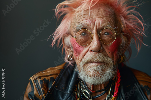Elderly ageing punk with pink hair, glasses, piercings and painted leather jacket 